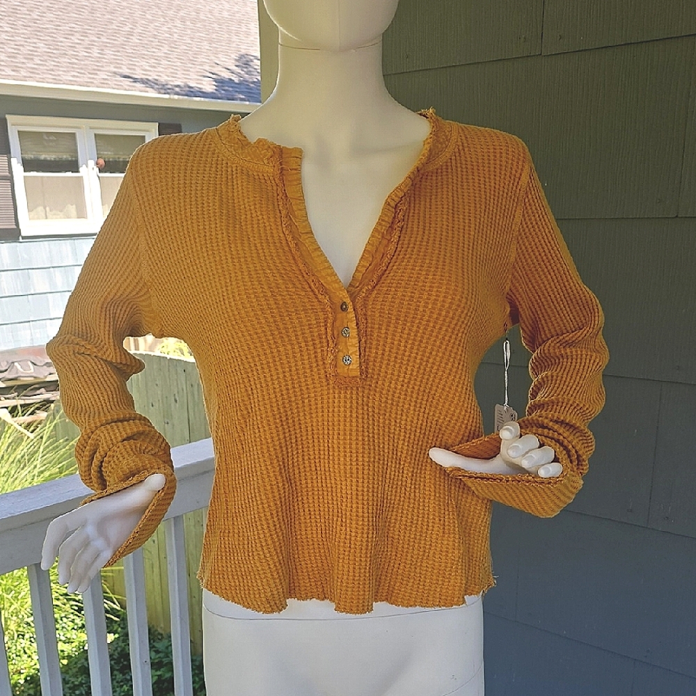 NWT Mustard Waffle Knit Henley Shirt
